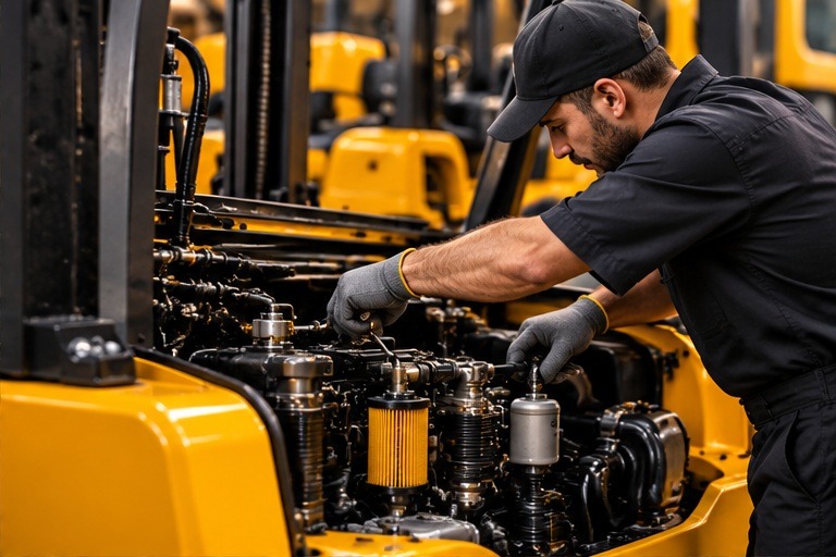 Technician carrying out forklift maintenance