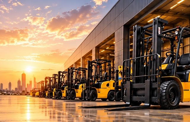 Forklift technician and equipment in a service workshop